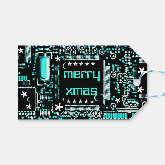 回路ライトブルー2 'メリークリスマス'文字バック ギフトタグ (正面(横))