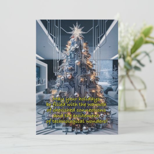 回路基板にインスパイアされたクリスマスツリー シーズンカード (スタンド正面)