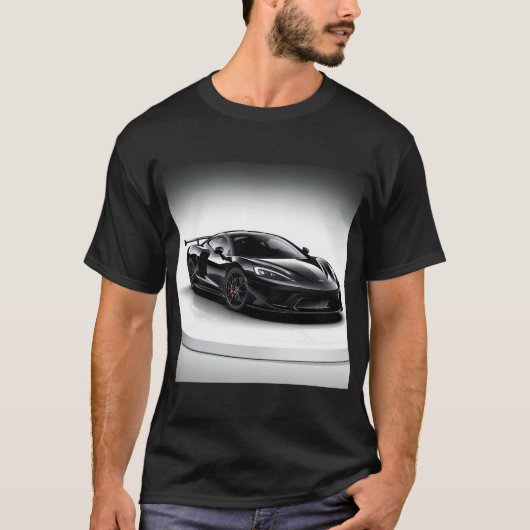 回転お洒落ディスプレイのブラックスポーツカー Tシャツ (正面)
