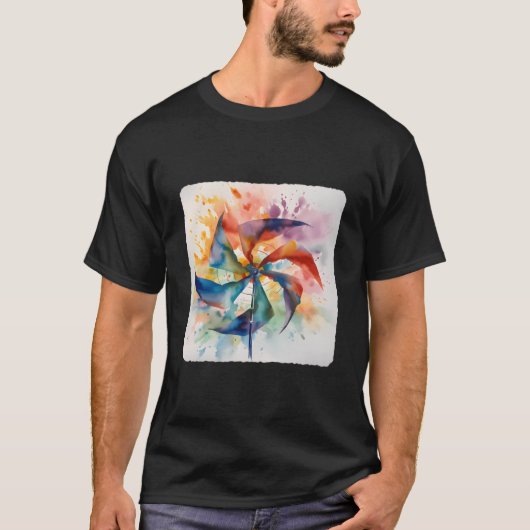 回転するカラフルな風に歌う羽根 Tシャツ (正面)