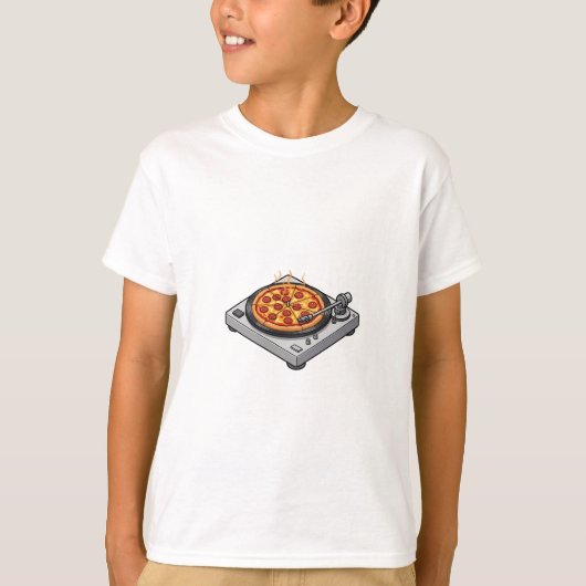 回転するピザパーティーレコードプレーヤー キッズ Tシャツ (正面)