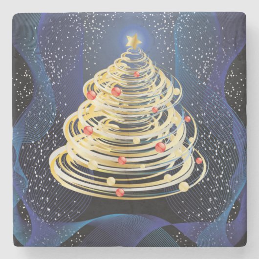 回転の金ゴールドの渦巻のモダンなクリスマスツリー ストーンコースター (正面)