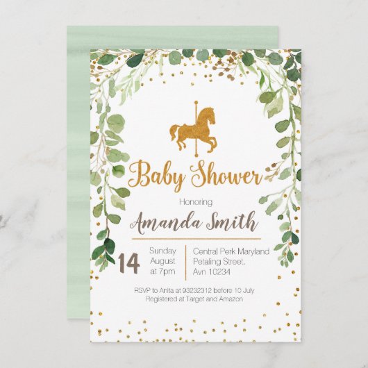 回転木馬のベビーシャワーの招待の緑の草木 招待状 (正面/裏面)
