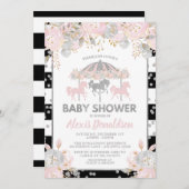 回転木馬のベビーシャワーの招待状の銀の花柄 招待状 (正面/裏面)