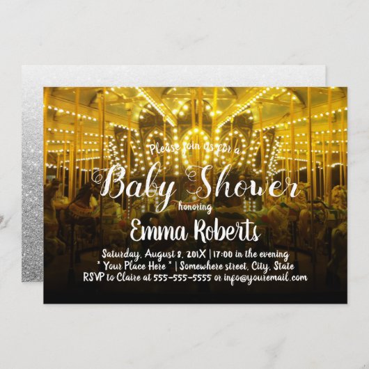 回転木馬の赤ちゃんメリーシャワーが回る 招待状 (正面/裏面)