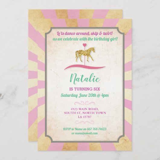 回転木馬の馬に乗るパーティー招待 フェア バースデー 招待状 (正面/裏面)