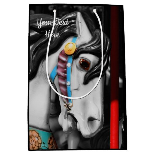 回転木馬ウマ黒白パーソナライズされた ミディアムペーパーバッグ (正面)