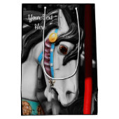 回転木馬ウマ黒白パーソナライズされた ミディアムペーパーバッグ (裏面)