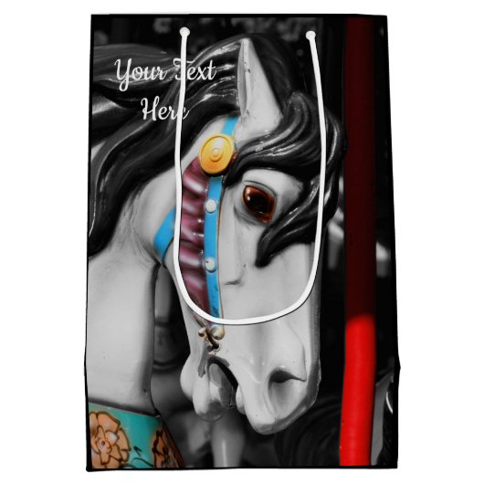 回転木馬ウマ黒白パーソナライズされた ミディアムペーパーバッグ (裏面)