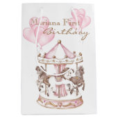 回転木馬ガーリーピンクユニコーンファースト誕生日 ミディアムペーパーバッグ (正面)