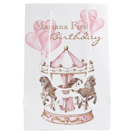 回転木馬ガーリーピンクユニコーンファースト誕生日 ミディアムペーパーバッグ (裏面)