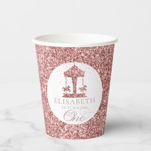 回転木馬グリッターパーソナライズされた第1誕生日 紙コップ (正面)
