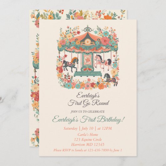 回転木馬ゴーラウンドファースト誕生日 招待状 (正面/裏面)
