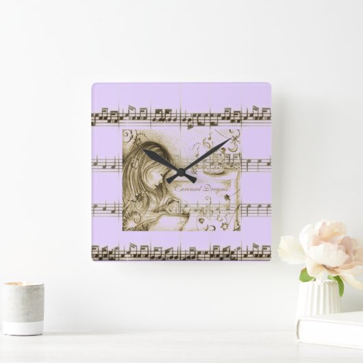 回転木馬ドリームパープルヴィンテージミュージックウォールクロック スクエア壁時計 (ホーム)