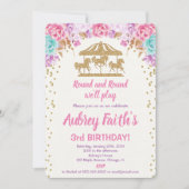 回転木馬ピンクと金ゴールド誕生日の招待娘 招待状 (正面)