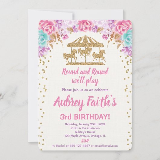 回転木馬ピンクと金ゴールド誕生日の招待娘 招待状 (正面)
