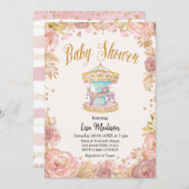 回転木馬ピンクグリッターホースベビーシャワー 招待状 (正面/裏面)