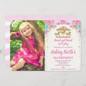回転木馬ピンク金ゴールドティール（緑がかった色）の誕生日の招待 招待状 (正面/裏面)