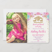 回転木馬ピンク金ゴールドティール(緑がかった色)の誕生日の招待 招待状 (正面)