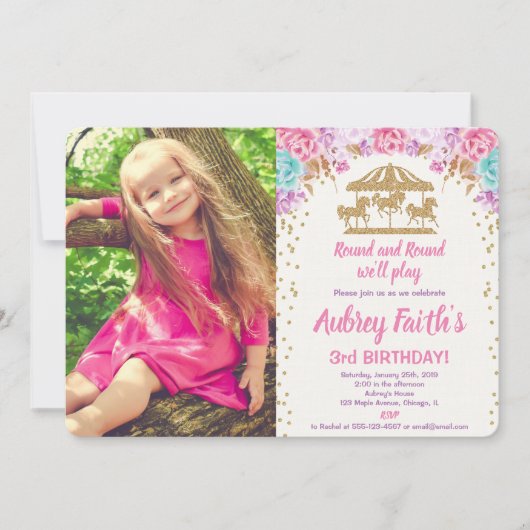 回転木馬ピンク金ゴールドティール（緑がかった色）の誕生日の招待 招待状 (正面)