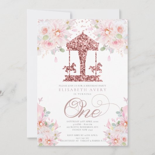 回転木馬フローラグリッター第1誕生日 招待状 (正面)