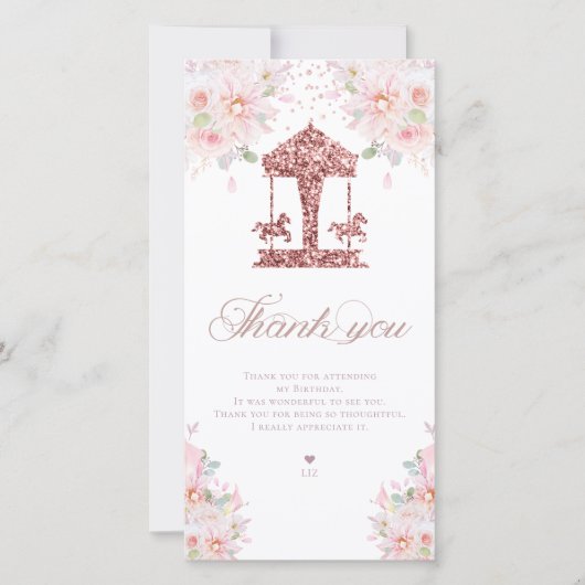 回転木馬フローラグリッター誕生日 サンキューカード (正面)