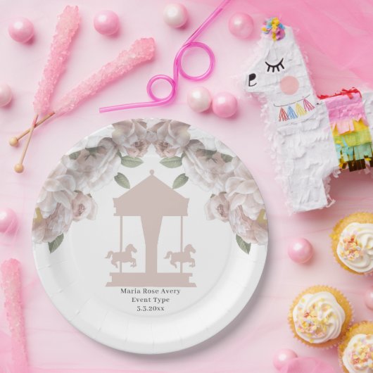 回転木馬フローラソフトピンクパーソナライズされた ペーパープレート (パーティー)