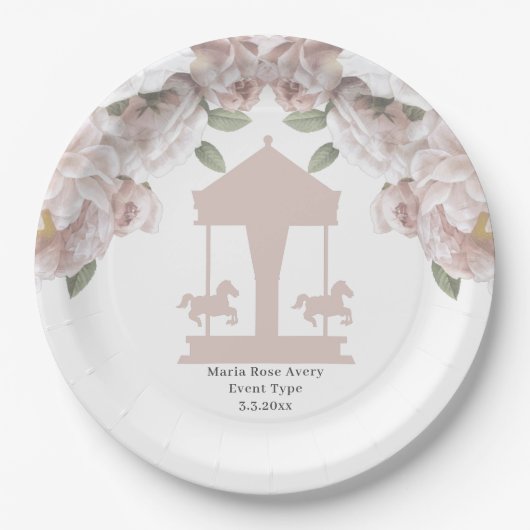 回転木馬フローラソフトピンクパーソナライズされた ペーパープレート (正面)