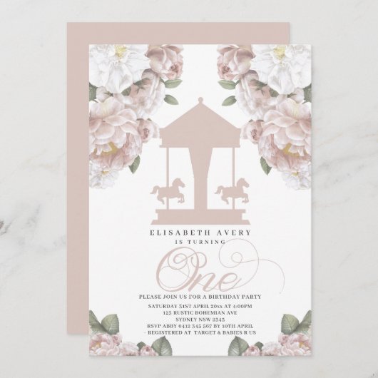 回転木馬フローラソフトピンクファースト誕生日 招待状 (正面/裏面)