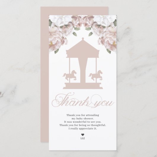 回転木馬フローラソフトピンクベビーシャワー サンキューカード (正面/裏面)