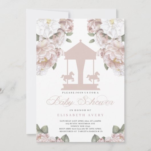 回転木馬フローラソフトピンクベビーシャワー 招待状 (正面)