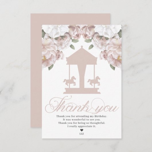 回転木馬フローラソフトピンク誕生日 サンキューカード (正面/裏面)
