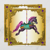 回転木馬ホースパープルポニーバースデーパーティー 招待状 (正面/裏面)