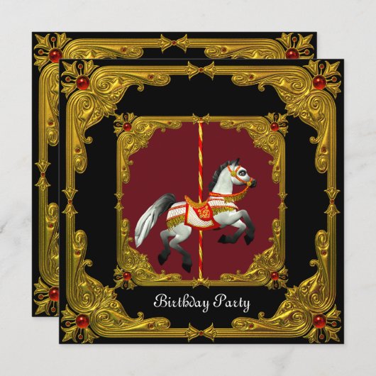 回転木馬ホース金ゴールドレッドブラックリーガルバースデーパーティー 招待状 (正面/裏面)