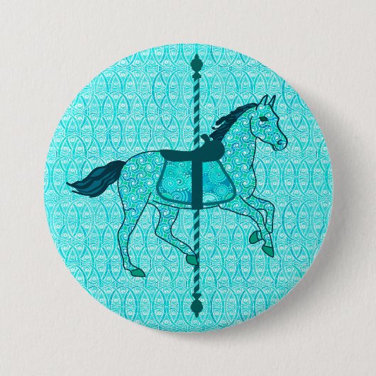 回転木馬ホース – ターコイズとアクア 缶バッジ (正面)