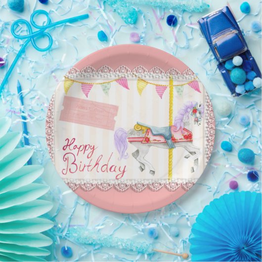 回転木馬ホース（ピンク）誕生日紙プレート ペーパープレート (パーティー)