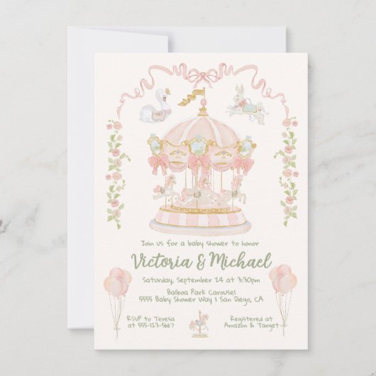回転木馬メリーゴーラウンドの赤ちゃんシャワー 招待状 (正面)