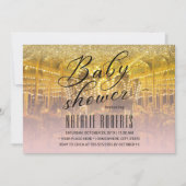 回転木馬モダン金ゴールド&ピンクタイポグラフィベビーシャワー 招待状 (正面)