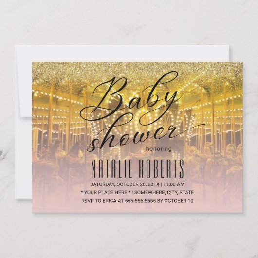 回転木馬モダン金ゴールド&ピンクタイポグラフィベビーシャワー 招待状 (正面)