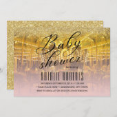 回転木馬モダン金ゴールド&ピンクタイポグラフィベビーシャワー 招待状 (正面/裏面)