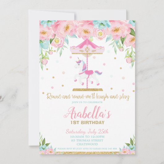 回転木馬ユニコーン第1誕生日ピンクミントフローラ 招待状 (正面)