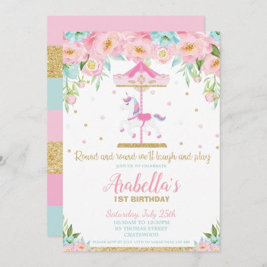 回転木馬ユニコーン第1誕生日ピンクミントフローラ 招待状 (正面/裏面)
