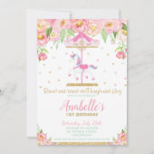 回転木馬ユニコーン1stバースデーピンクフローラガール 招待状 (正面)