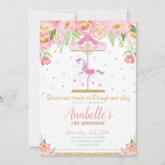 回転木馬ユニコーン1stバースデーピンクフローラガール 招待状 (正面)