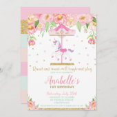 回転木馬ユニコーン1stバースデーピンクフローラガール 招待状 (正面/裏面)