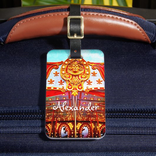 回転木馬レトロヴィンテージ金ゴールド顔写真名前をカスタムする ラゲッジタグ (正面インサイチュ2)