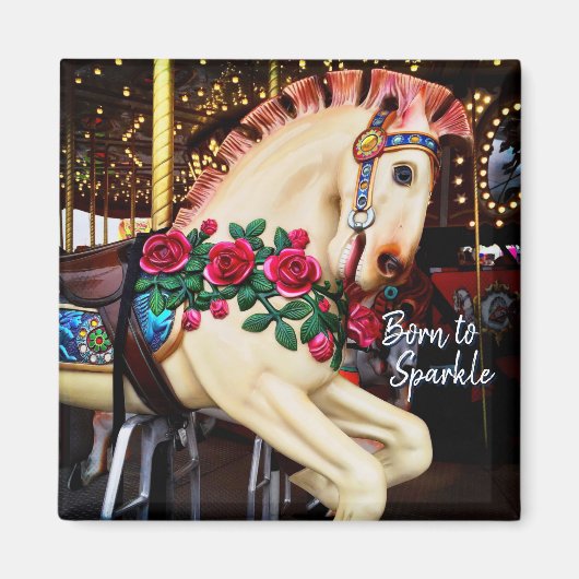 回転木馬生まれ馬とバラ写真を輝かせる マグネット (正面)