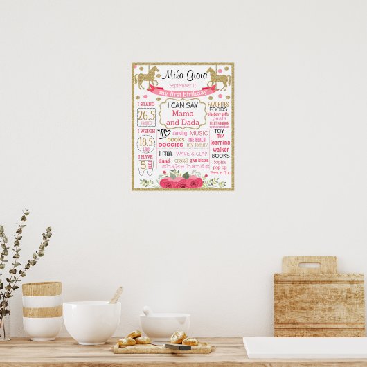 回転木馬第1誕生日黒板標識 ポスター (キッチン)