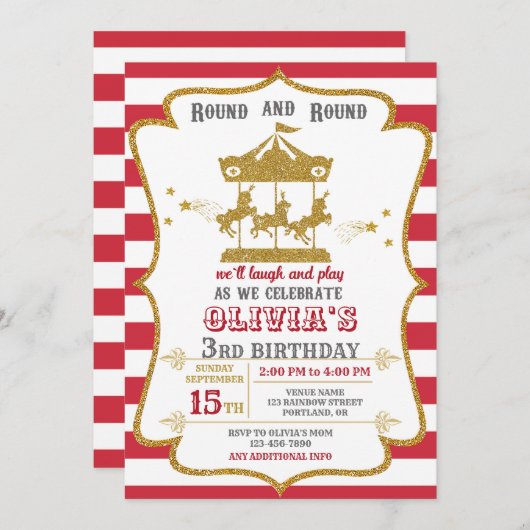 回転木馬誕生日の招待アミューズメントパーク招待状 招待状 (正面/裏面)