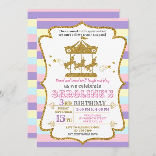 回転木馬誕生日の招待アミューズメントパーク招待状 招待状 (正面/裏面)